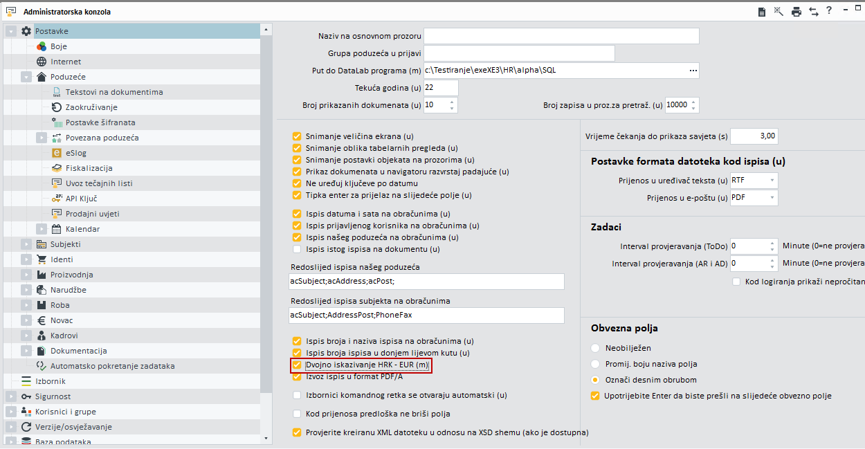 Slika zaslona administratorske konzole s označenom opcijom dvojnog iskazivanja iznosa (u EUR i HRK).