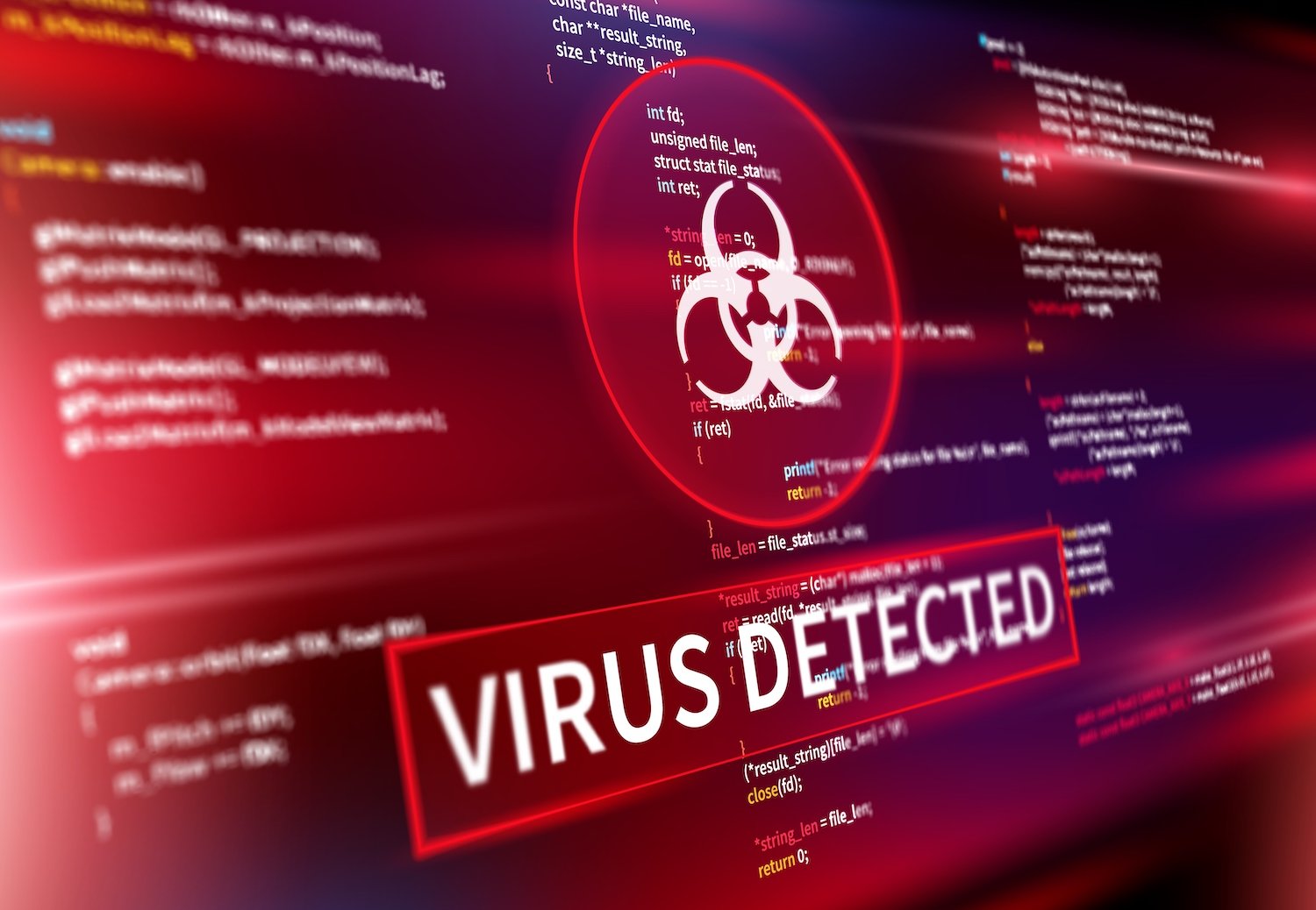 Grafički prikaz računalnog virusa na ekranu, s tekstom Virus detected.