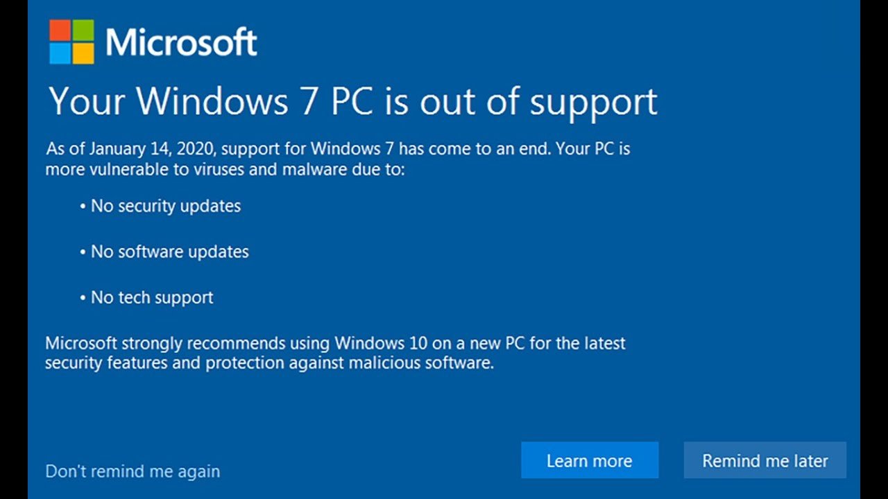 Windows 7 upozorenje - Vaš operativni sustav više nije podržan